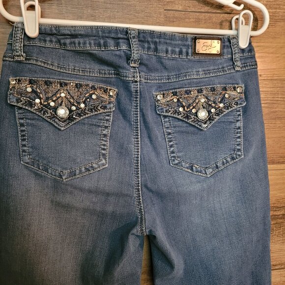 Earl Jeans Womens 10 Straight Leg Embellished Button Flap Mid Rise Medium Wash - Picture 4 of 11